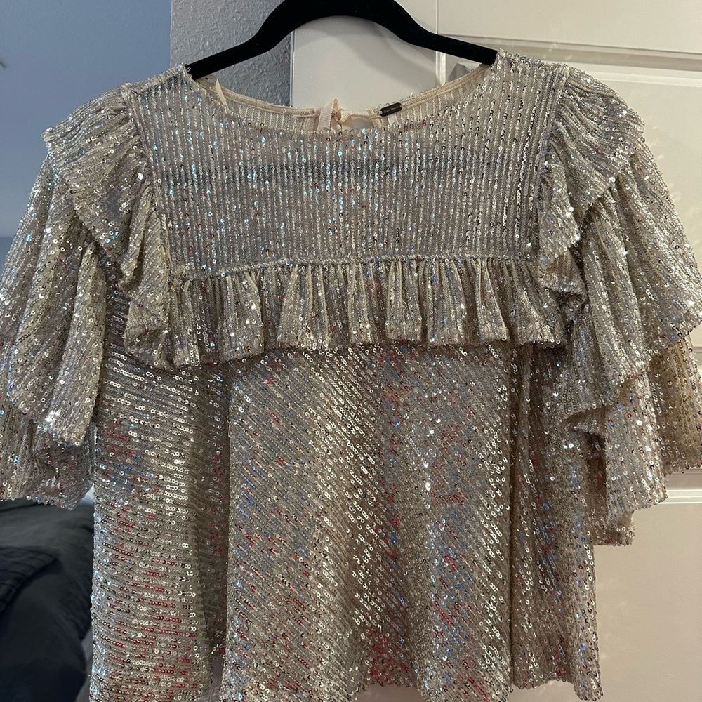 Free People Tan Gold Short Sleeve Sequin Ruffled Blouse